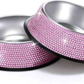 Bling Dog Bowls Pink, 640ML Handmade Bling Rhinestones Stainless Steel Pet Bowls Double Food Water Feeder for Puppy Cats Dogs - Set of 2